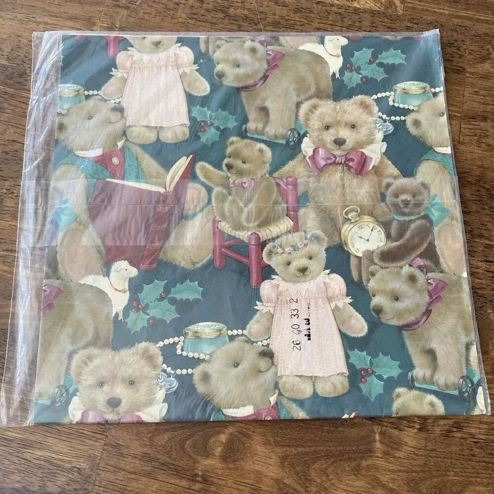Vintage Christmas Gift Wrapping Paper Teddy Bear Toys Holly Lamb New Old Stock